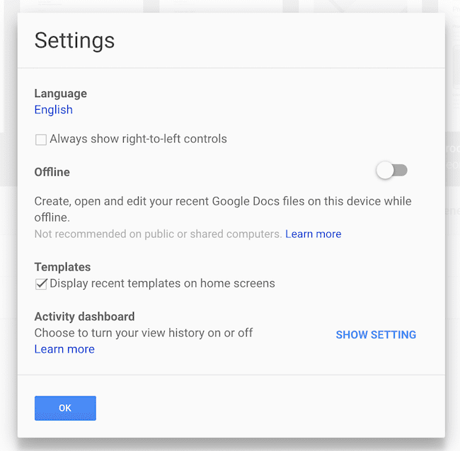 Google Docs offline settings