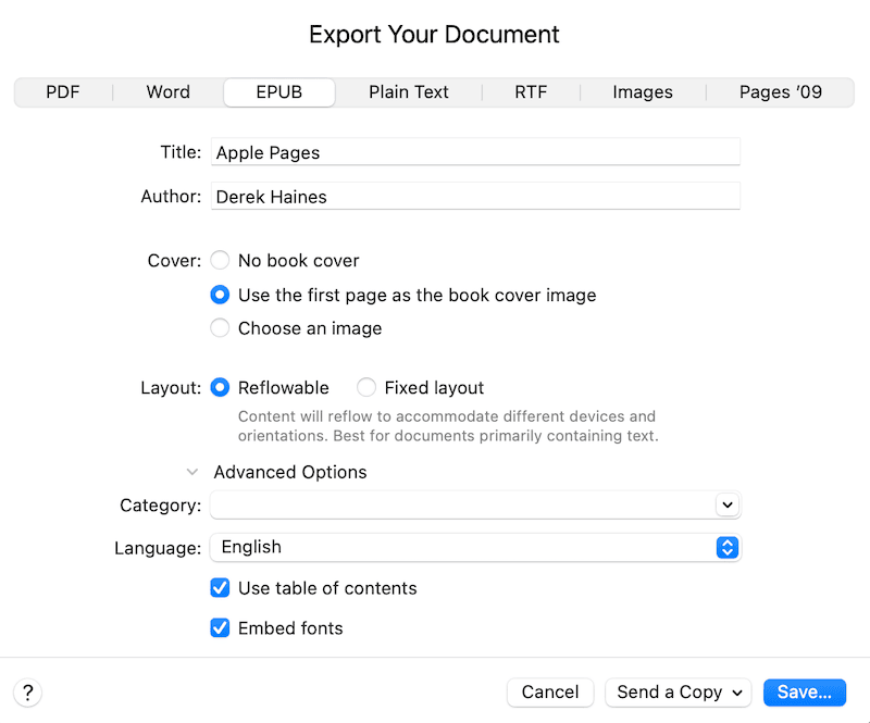 Epub Export Options Epub Export Options