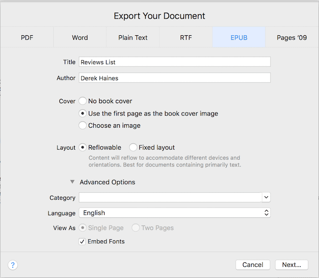 How to export epub ebook files in Apple Pages