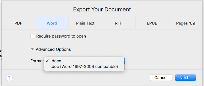 Export documents to Word doc and docx files