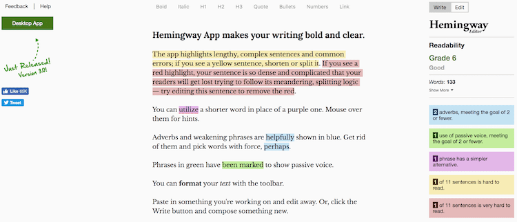 Hemingway App free grammar checker
