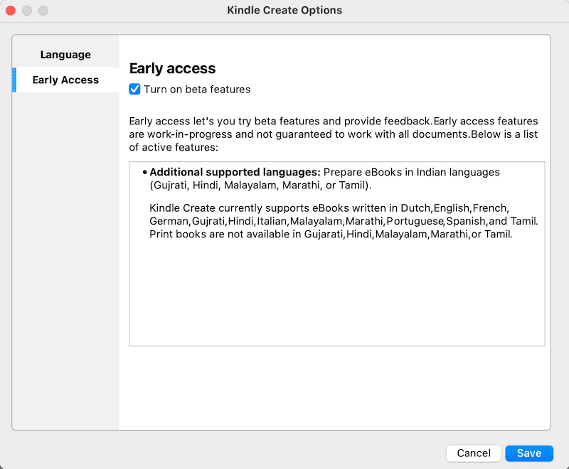 Kindle Create Preferences
