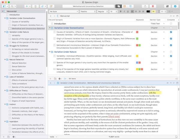 Outliner in book writing software