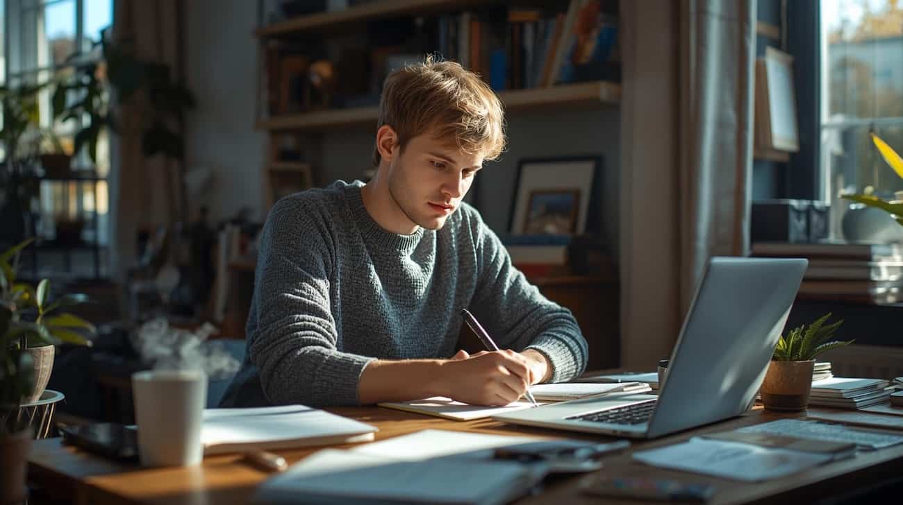 An author working hard on editing a manuscript before publishing