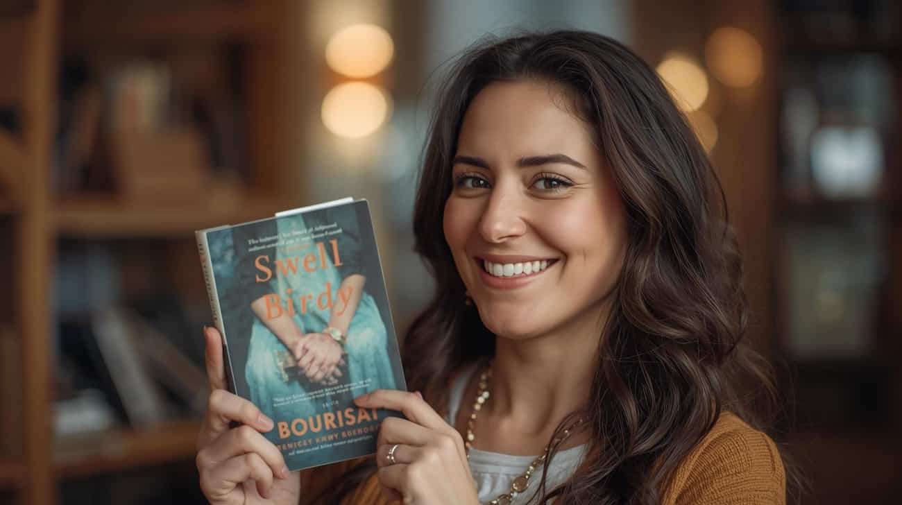A new author proudly holding her new book.