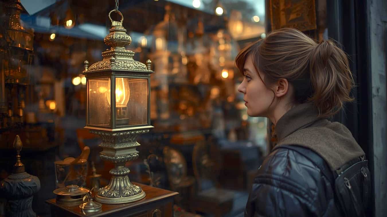 A woman passing an antiques store and having her interest piqued by an old lamp