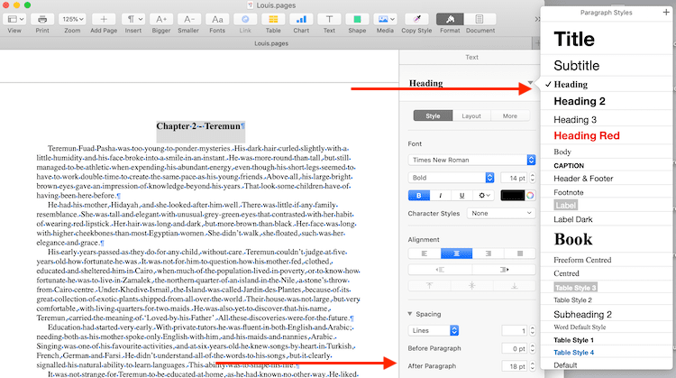 format an ebook in Apple Pages - chapter headings