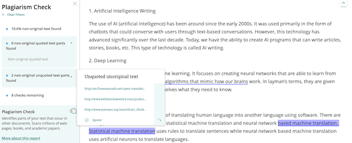 AI writing plagiarism check