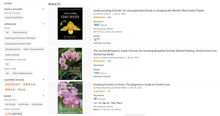 Growing orchids Amazon search