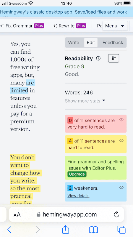 Hemingway editor mobile view