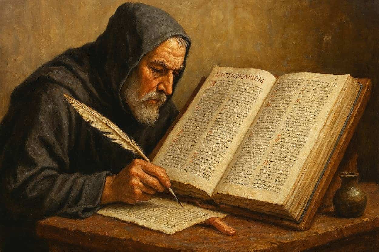 A medieval scribe editing an English dictionary with a quill.