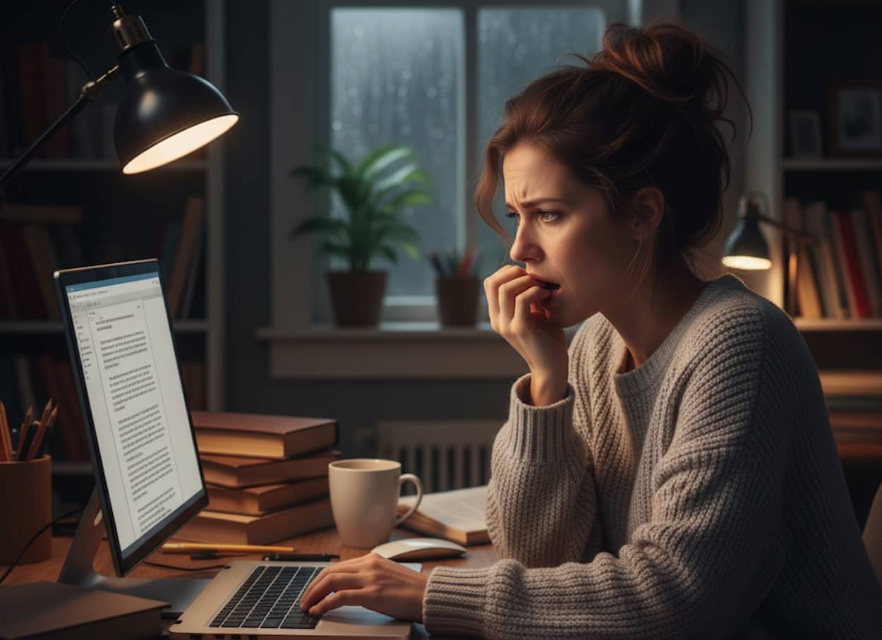 Writer biting her nails while staring at a laptop due to the fear of publishing after finishing a book.