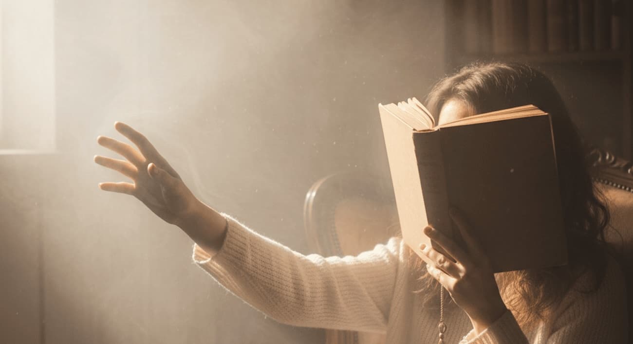 Reader holding an open book near a window, illustrating how to describe things you can’t see or touch