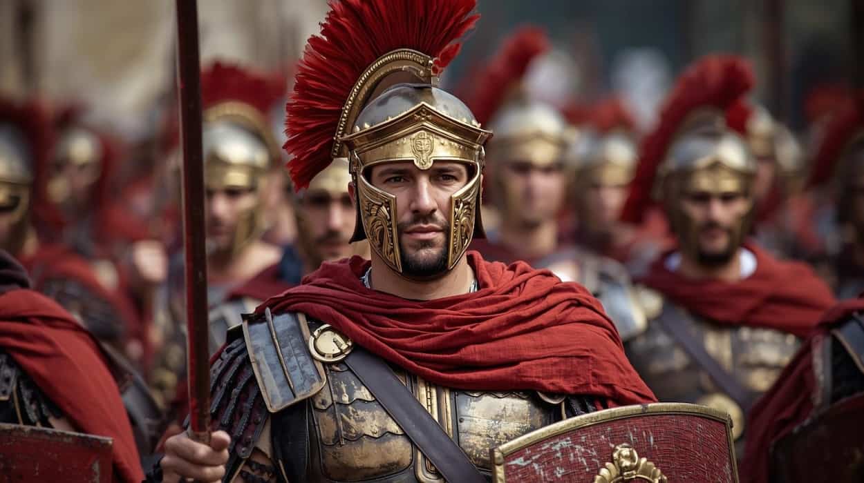 A Roman centurion with a helmet and red plume, leading his soldiers