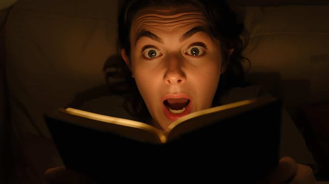 A reader being surprised by the first few lines of a book A reader being surprised by the first few lines of a book