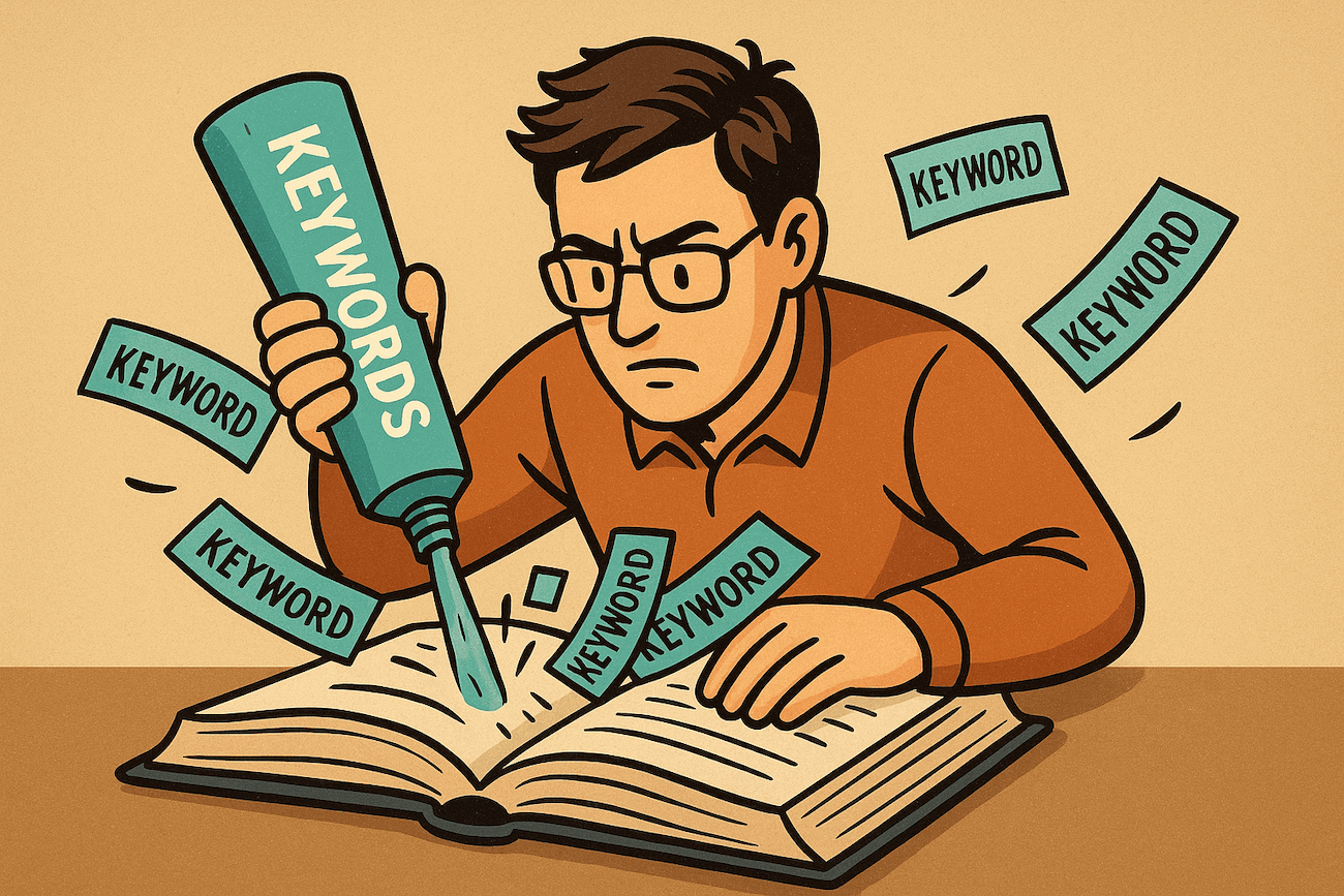 A cartoon of an Amazon author stuffing keywords into a book