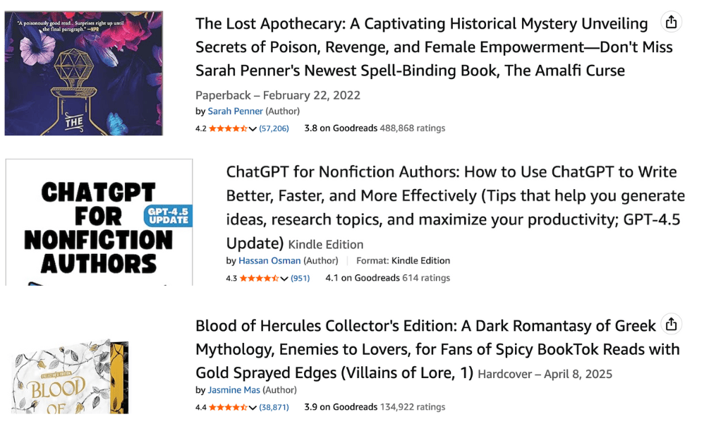 Three keyword stuffed book titles on Amazon Three keyword stuffed book titles on Amazon