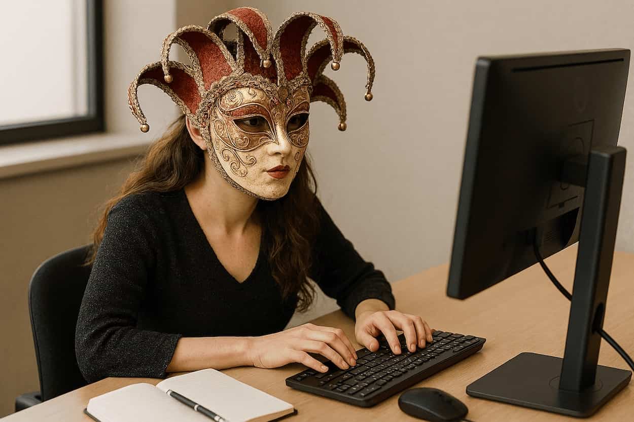 An anonymous writer working on a desktop computer