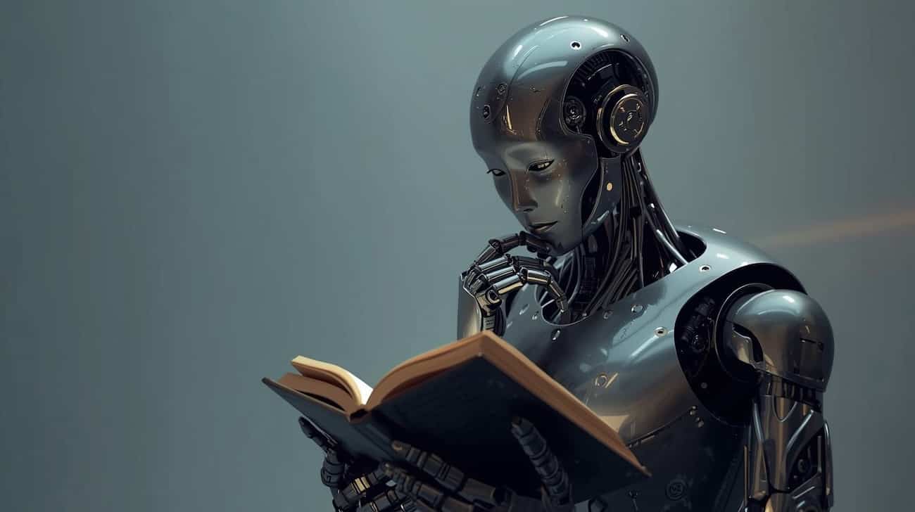 An image of an AI robot relaxing while reading a book