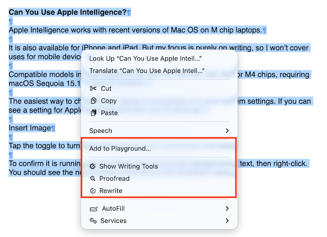 Apple Intelligence Writing Tools menu in Apple Pages Apple Intelligence Writing Tools menu in Apple Pages